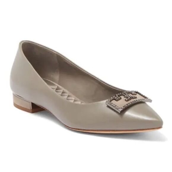 Tory Burch Gigi embellished crystal T logo pointed toe grey flats 11 - Picture 2 of 9